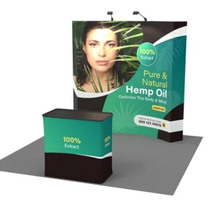 8 ft Curved pop-up display stand with convertible shipping case to podium