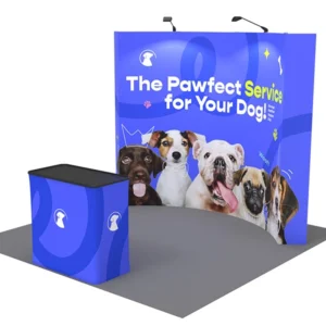 10 ft Curved pop-up display stand with convertible shipping case to podium