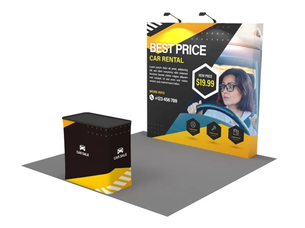 8 ft Straight pop-up display stand with convertible shipping case to podium