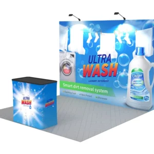 10 ft Straight pop-up display stand with convertible shipping case to podium
