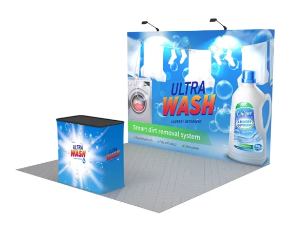 10 ft Straight pop-up display stand with convertible shipping case to podium
