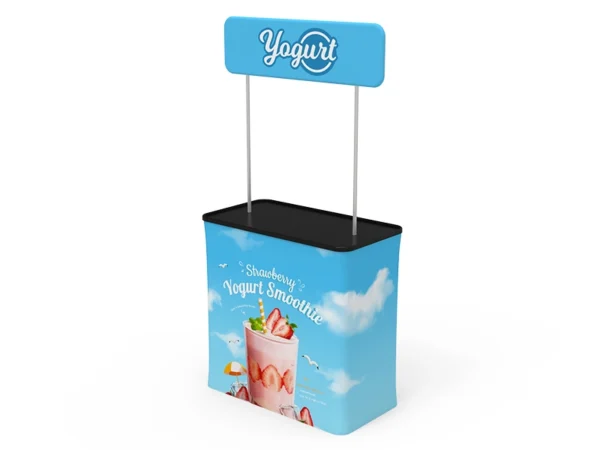 Convertible shipping case to podium with printed fabric and header sign