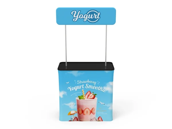 Convertible shipping case to podium with printed fabric and header sign - Image 2